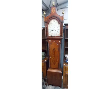 19th Century mahogany cased eight day longcase clock, the 12' arched enamel dial with gilt decoration to the corners, the cad