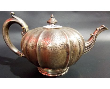 Victorian silver ovoid teapot, by Lambert & Rawlings, the fluted body with foliate scroll and trellis engraving, London 1860,