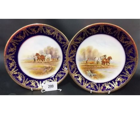 Pair of Royal Worcester porcelain cabinet plates, painted with ploughing scene by Raymond Rushton, printed marks to the base 