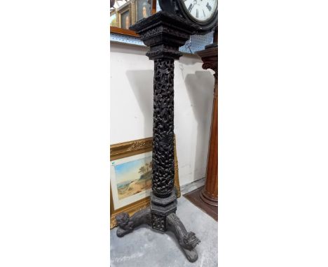 Good 19th Century Chinese hard wood carved torchere, the square stepped top carved with lappets, leaf scrolls and key borders
