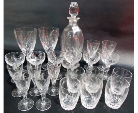 Stuart cut glass part drinking set in fern leaf pattern including a decanter and stopper.