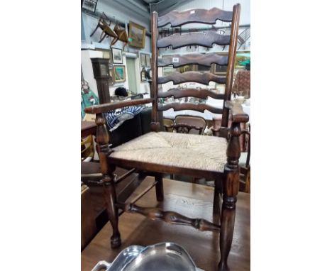 Set of eight 19th Century style Lancashire ladder back rush seat dining chairs inc. two carvers