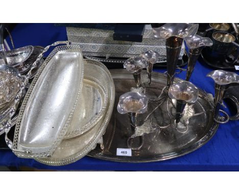 An EPNS epergne formed as trailing ivy with seven trumpet shaped posey vases, a large EPNS oval serving tray, a swing handled