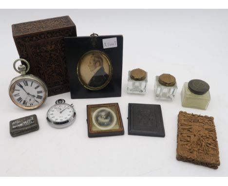 An early-C19th portrait miniature in ebonised frame, a further cased miniature of a lady, goliath pocket watch, Smiths stopwa
