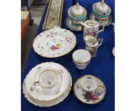 A collection of Meissen including plates, a coffee pot, milk jug, sugar bowl, two cups, a saucer and a pair of Worcester sauc