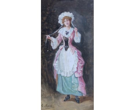 C MONTA&nbsp;Portrait of a maid and another, signed, oil on board, 30 x 14cm (2) Condition Report:Available upon request