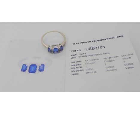 A 9ct white gold AA quality tanzanite and diamond ring, with a Gems TV certificate, size R, weight 2.3gms Condition Report:Av