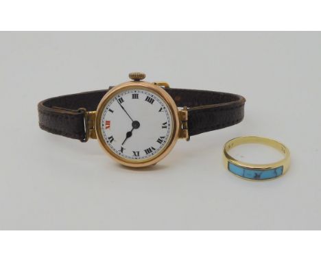 A 9ct gold cased ladies vintage watch, weight including strap 17.3gms, together with a 14k gold turquoise ring, size R, weigh