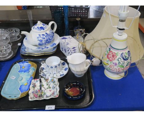 A pair of Gray's pottery sandwich plates with blue flowers on gilt ground, a Moorcroft Pomegranate dish, Royal Worcester Line