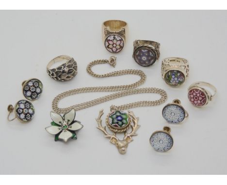 A silver and enamel David Andersen orchid brooch, and a collection of Caithness retro glass jewellery, to include Sponsors ma