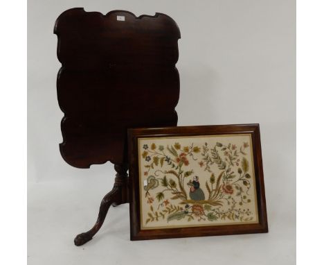 A Victorian mahogany tilt top table with turned tripod base and a framed tapestry (2) Condition Report:Available upon request
