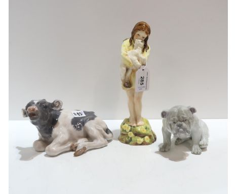 A Royal Copenhagen model of a calf, a Royal Worcester figure Spring and a continental porcelain model of a Staffordshire Bull