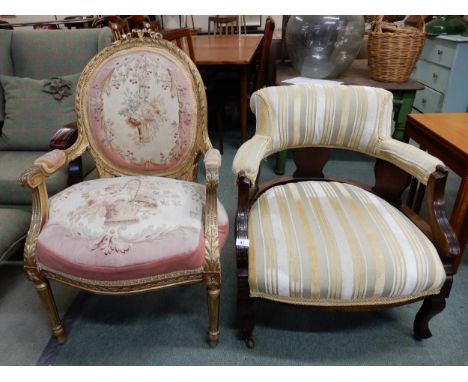A Victorian mahogany framed parlour armchair and a continental style gilt wood parlour armchair with tapestry upholstery (2) 
