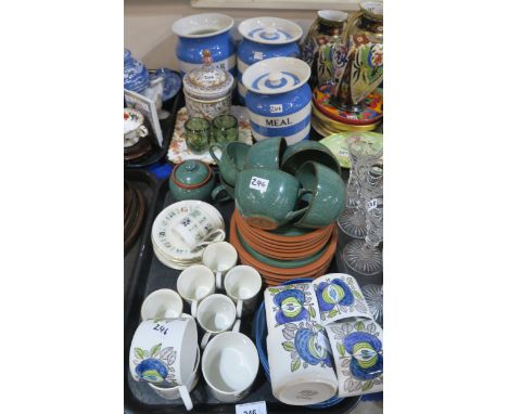 Rorstrand Eden pattern cups and saucers, Henry Watson pottery cups and saucers, three T G Greene Cornish ware storage jars et