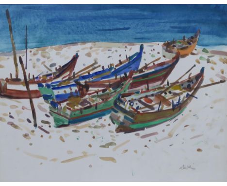 GEORGE DEVLIN (SCOTTISH 1937-2014)&nbsp; BOATS AT LAGOS, ANDALUCIA Watercolour on paper, signed lower right, 38 x 48cm Title 