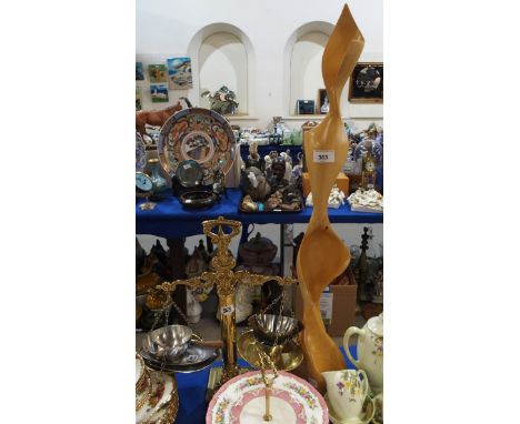 A pale wood carved sculpture, a pair of brass scales and Danish stainless steel items Condition Report:Available upon request