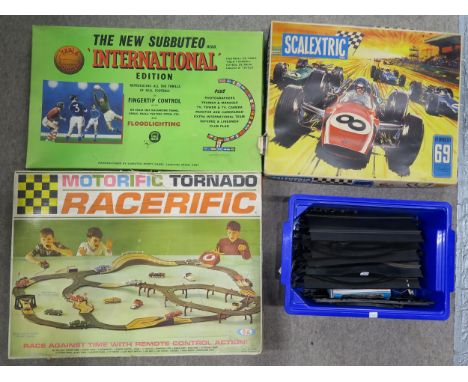 A Subbuteo International Edition Table Soccer set, a vintage Scalextric GT Speed Set with additional track etc. and a Motorif