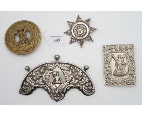 An Ancient Order of Foresters silver sash brooch by Hilliard &amp; Thomason, Birmingham; together with a Black Watch brass pl