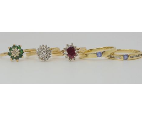 Five 9ct gold gem set rings to include ruby and diamond, size N, a diamond cluster size K1/2, weight of all combined 8.9gms C