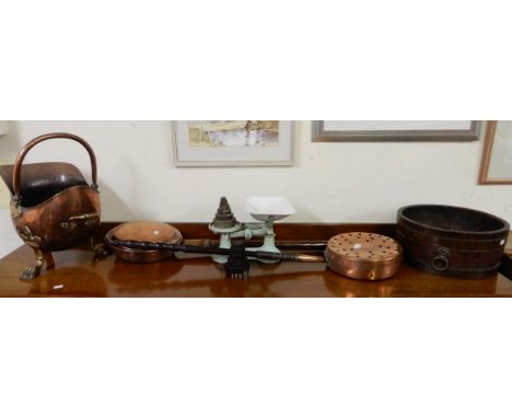 A mixed lot to include a copper coal depot, two copper bed warmers, coopered tub and a set of scales Condition Report:Availab
