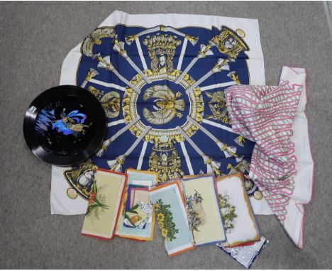 A Hermes Egyptian Scarab scarf, with white and yellow decoration on blue ground and white surround, a butterfly wing picture 