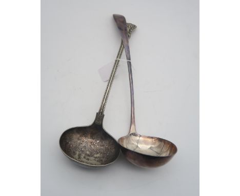 A George III Scottish silver Old English pattern soup ladle, makers mark I L, Edinburgh 1799, and a silver plated Queens patt