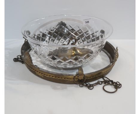 A cut glass and gilt metal ceiling light with hanging chains Condition Report:Available upon request