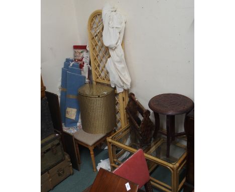 A mixed lot to include a bamboo nesting coffee table, folding room divider, two upholstered footstools, three floral pattern 