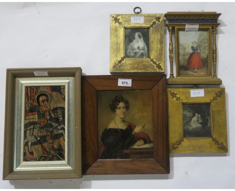 BRITISH SCHOOL&nbsp;Portrait of a lady with pen, oil on panel, 20 x 16cm, three portrait prints and an icon (5) Condition Rep