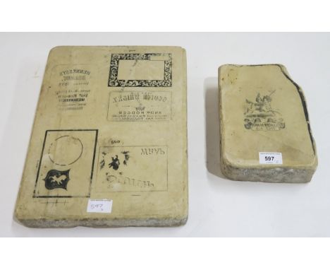 Two lithographic limestone printing blocks for beer and whisky labelling, including Lancers Brand Pale Ale, Hennessy's 1893 V