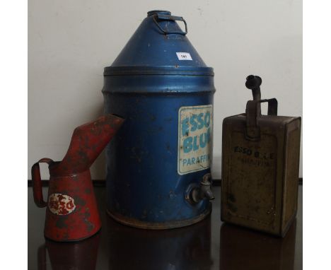 AUTOMOBILIA An Esso blue paraffin canister with spout, a smaller Esso blue paraffin canister and an Esso oil can (3) Conditio