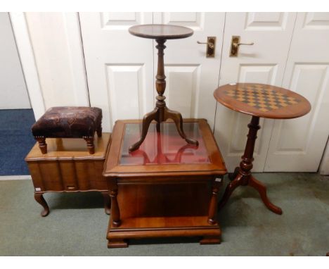 A 20th century mahogany bijouterie style lamp table, circular topped games table on tripod base, wine table, sewing work box 