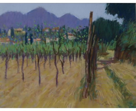 GEORGE DEVLIN (SCOTTISH 1937-2014)&nbsp; VINEYARD&nbsp; Pastel on paper, signed lower right, 21 x 28cm Condition Report:Avail