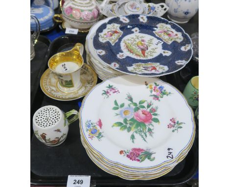 A Meissen pounce pot, painted with birds and butterflies, a cabinet cup and saucer depicting the chapel at Oswitz, a blue sca