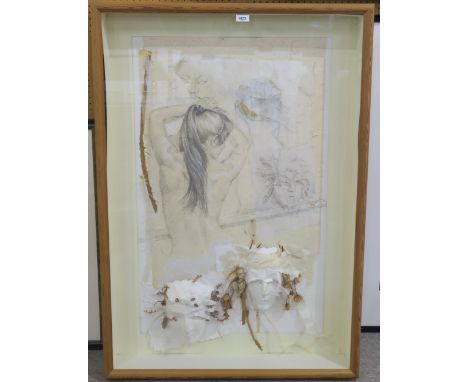 FIONA ROBERTSON (SCOTTISH) SELF PORTRAIT WITH MASKS&nbsp; Mixed media in large glass case, 116 x 81 x 12 (including casing an
