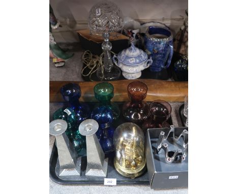 A Dansk metal candlestick, a pair of hammered pewter candlesticks, crystal lamp,&nbsp; coloured glass bulb vases etc Conditio