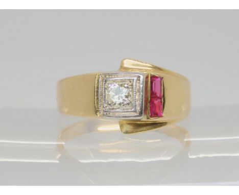 A 14k gold diamond and synthetic ruby ring, set with an estimated approx 0.20cts, size U1/2, weight 5.1gms Condition Report:A