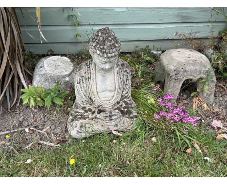 Small selection of various composite garden plinths together with a composite statue of a Buddha