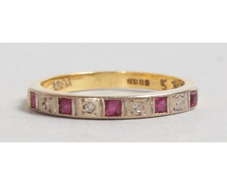 AN 18CT YELLOW GOLD, RUBY AND DIAMOND HALF ETERNITY RING.