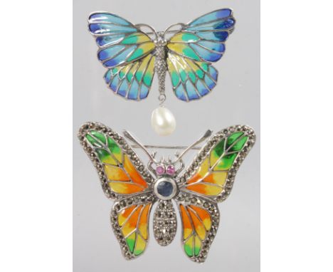 TWO SILVER AND COLOURED ENAMEL BUTTERFLY BROOCHES.