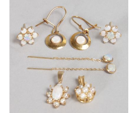 FOUR PAIRS OF GOLD AND OPAL EARRINGS.