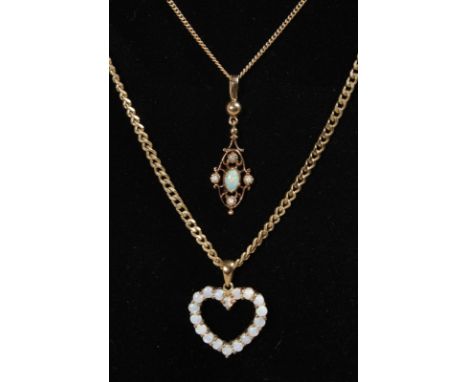 TWO GOLD CHAINS with opal heart shaped pendant and opal & diamond pendant.