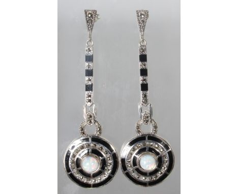A PAIR OF BRILLIANT, RUBY AND OPAL ART DECO DROP EARRINGS.