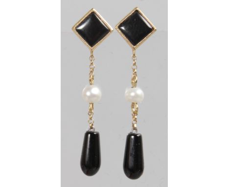 A PAIR OF 18CT YELLOW GOLD, ONYX AND SEED PEARL DROP EARRINGS of ART DECO STYLE.