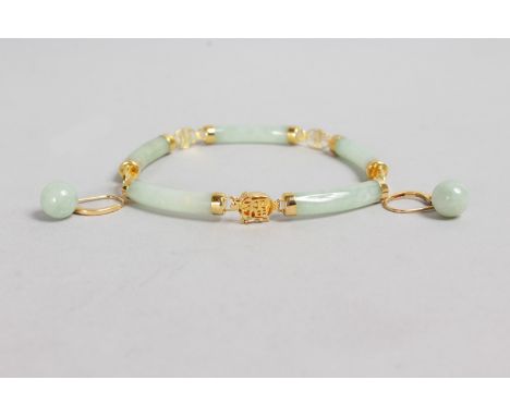 A PAIR OF GOLD MOUNTED JADE EARRINGS AND A BRACELET.
