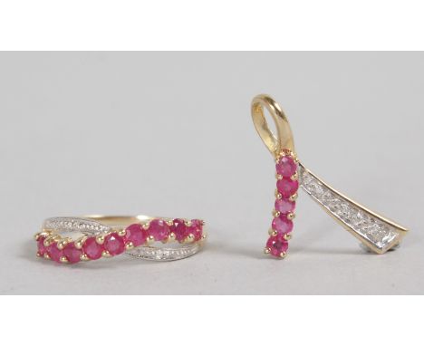 A 9CT GOLD, RUBY AND DIAMOND RING AND PENDANT.