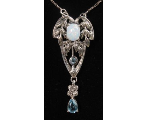 A SILVER, OPAL AND BLUE TOPAZ NECKLACE.