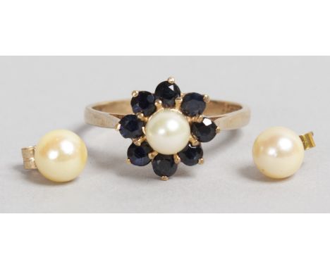 A GOLD, PEARL AND SAPPHIRE RING and PAIR OF PEARL STUDS.