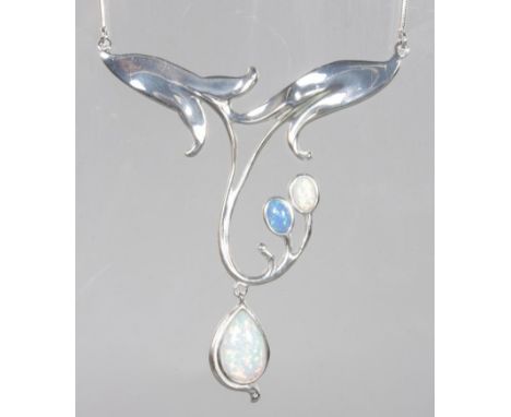 A SILVER AND TWO-COLOURED ENAMEL ART NOUVEAU PENDANT AND CHAIN.