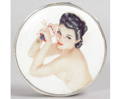 A GEORGE V CIRCULAR ENGINE TURNED PILL BOX, 2ins diameter, Birmingham 1925, with circular glamour lid.